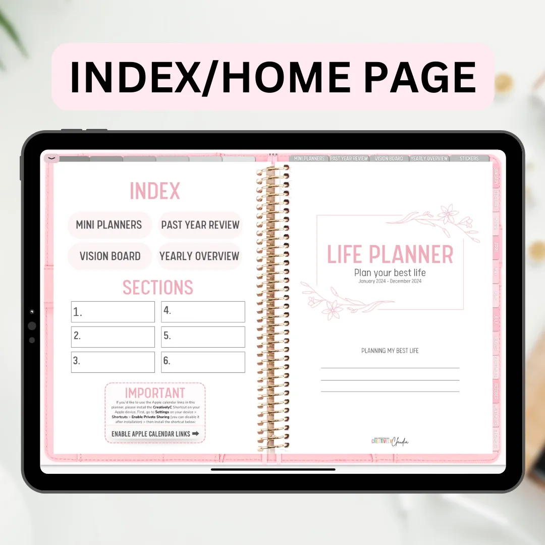 2024 Fully Hyperlinked Pink Minimalistic Life Planner (w/ Links to Google & Apple Calendars   Reminders)