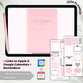 2024 Fully Hyperlinked Pink Minimalistic Life Planner (w/ Links to Google & Apple Calendars   Reminders)