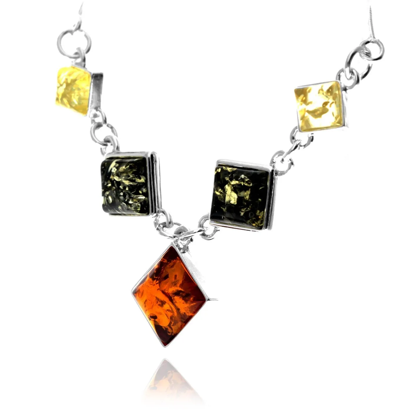 925 Sterling Silver & Genuine Baltic Amber Multi Stones Modern Necklace - 6135