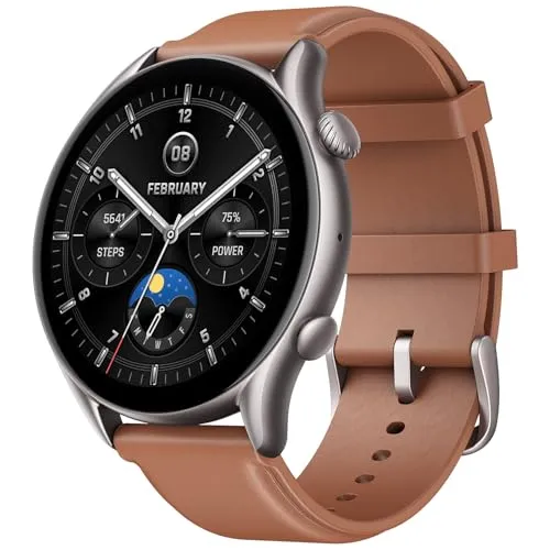 Amazfit GTR 4 New Smart Watch with 1.45” AMOLED Display, Bluetooth Calls, Zepp Aura, HR, Sleep, Stress, SpO2 Monitoring, 150  Sports Modes, GPS, Music Control, Alexa Built-in (Brown Leather)