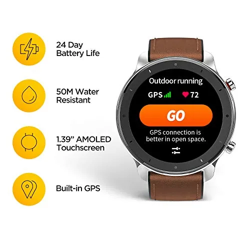 Amazfit GTR Smartwatch, Smart Notifications, 1.39” AMOLED Display, 24/7 Heart Rate Monitor, 24-Day Battery Life, 12-Sport Modes (47mm, GPS, Bluetooth), Stainless Steel