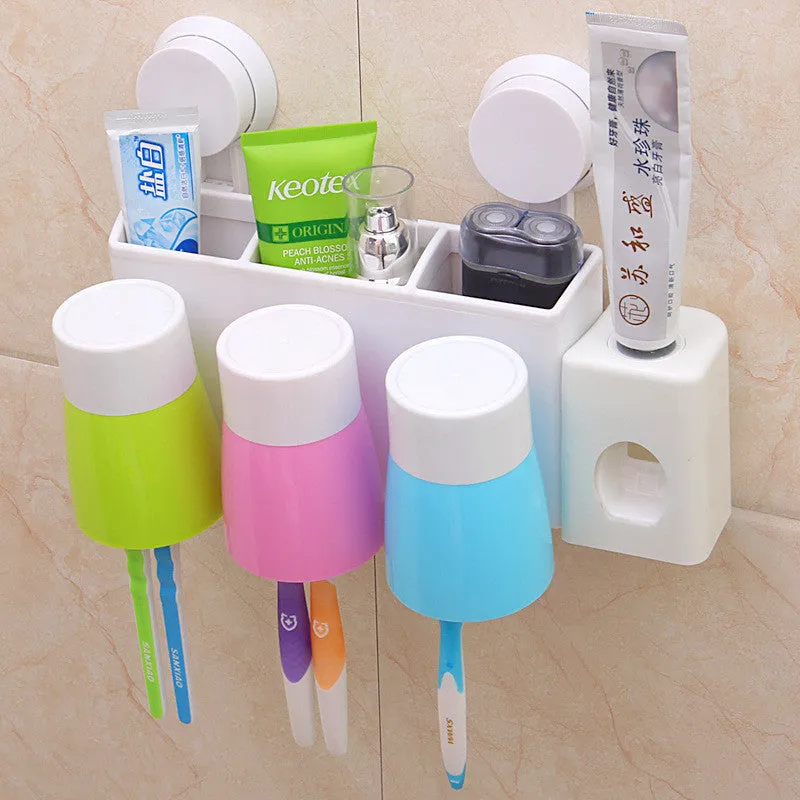 Automatic Toothpaste Dispenser Squeezer 6 Toothbrush Holder with 3 Cups Storage Organizer Wall-mounted Stand Family Bathroom Set