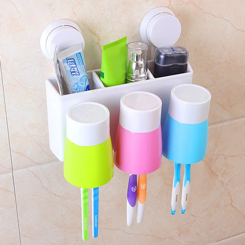 Automatic Toothpaste Dispenser Squeezer 6 Toothbrush Holder with 3 Cups Storage Organizer Wall-mounted Stand Family Bathroom Set