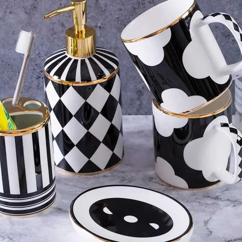 Black And White Geometric Bathroom Accessory Set