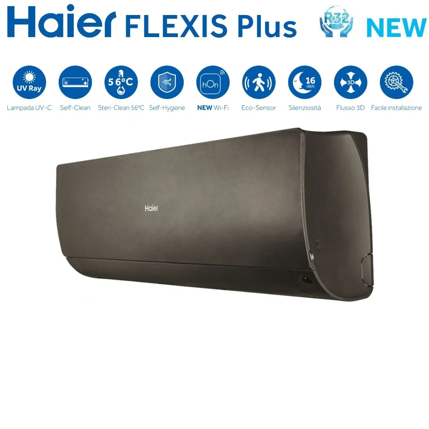 Climatizzatore Condizionatore Haier Quadri Split Inverter serie FLEXIS PLUS BLACK 7 7 12 15 con 4U75S2SR3FA R-32 Wi-Fi Integrato Colore Nero 7000 7000 12000 15000