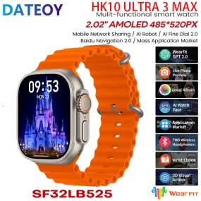 DATEOY HK10 ULTRA 3 Max Smartwatch – 2.02" AMOLED Display, 2GB, Bluetooth Network Sharing, AI Robot, Support Local Music TWS Connection, AI Features