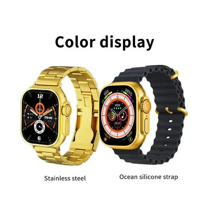 (Double Strap) Smart Watch Golden, Golden Smartwatch for Men Stylish and Functional Ultra Watch Golden Smartwatch - Double (Golden and Black)Bracelet Strap - Bluetooth Call, Wireless Charging, Fitness Tracker - Golden