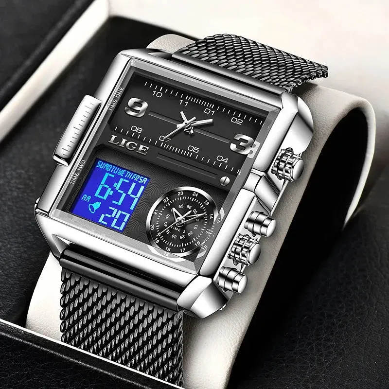 Elegance® 8925 Digital Steel Men Watch Fashion Black Steel Watch Men Digital Dual Display Watch Sports Chronograph Waterproof Quartz Wristwatch Men Military Watch