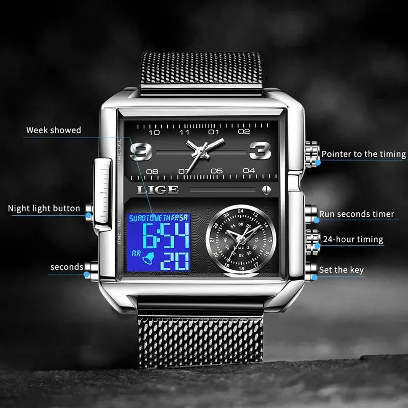 Elegance® 8925 Digital Steel Men Watch Fashion Black Steel Watch Men Digital Dual Display Watch Sports Chronograph Waterproof Quartz Wristwatch Men Military Watch