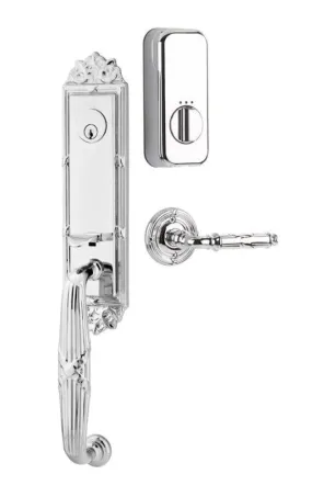 Emtek Single Cylinder Ribbon & Reed Handleset EMPowered Motorized Smart Lock Upgrade With Ice White Knob