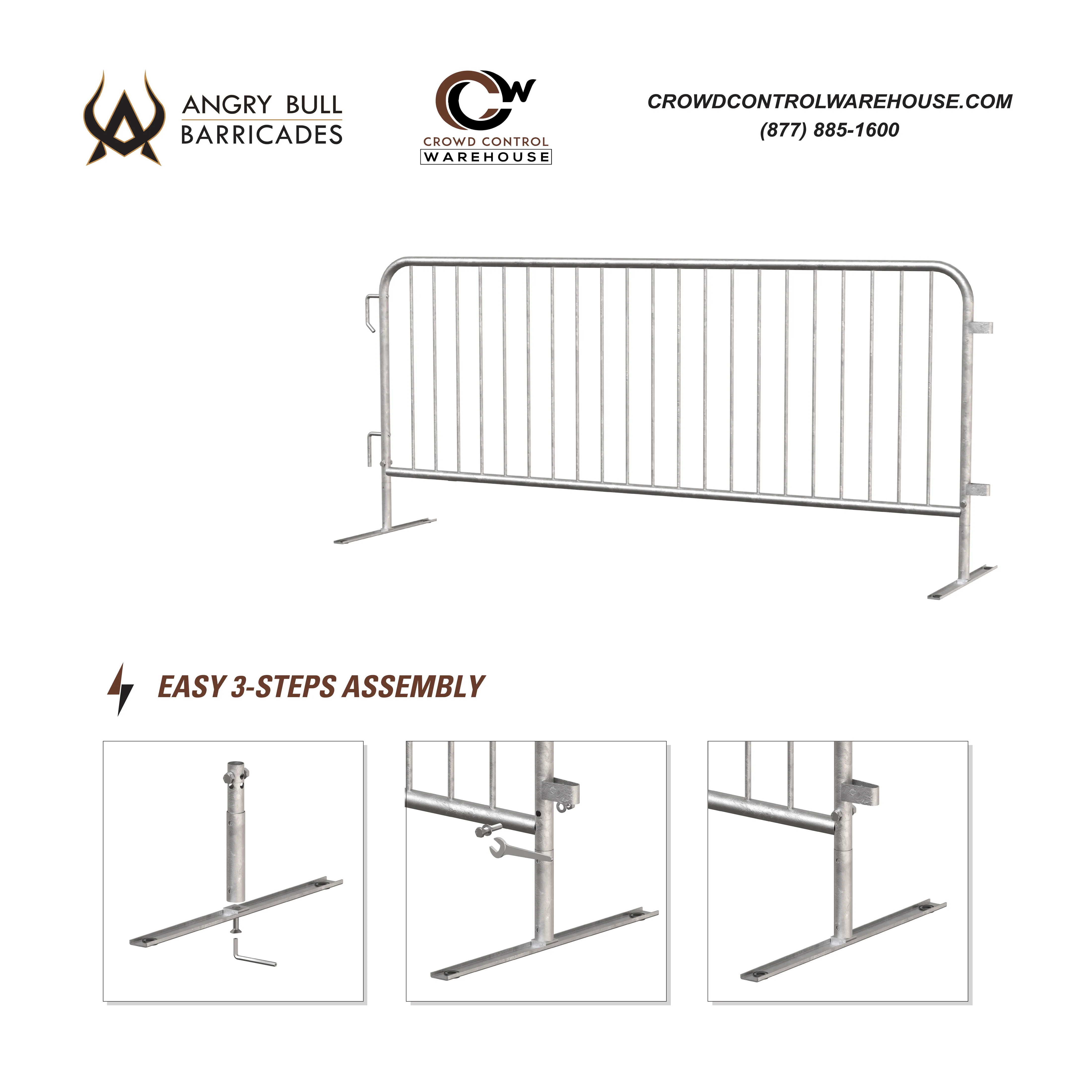 Heavy Duty Interlocking Steel Barricade, Gray, 8.5 Ft. - Angry Bull Barricades