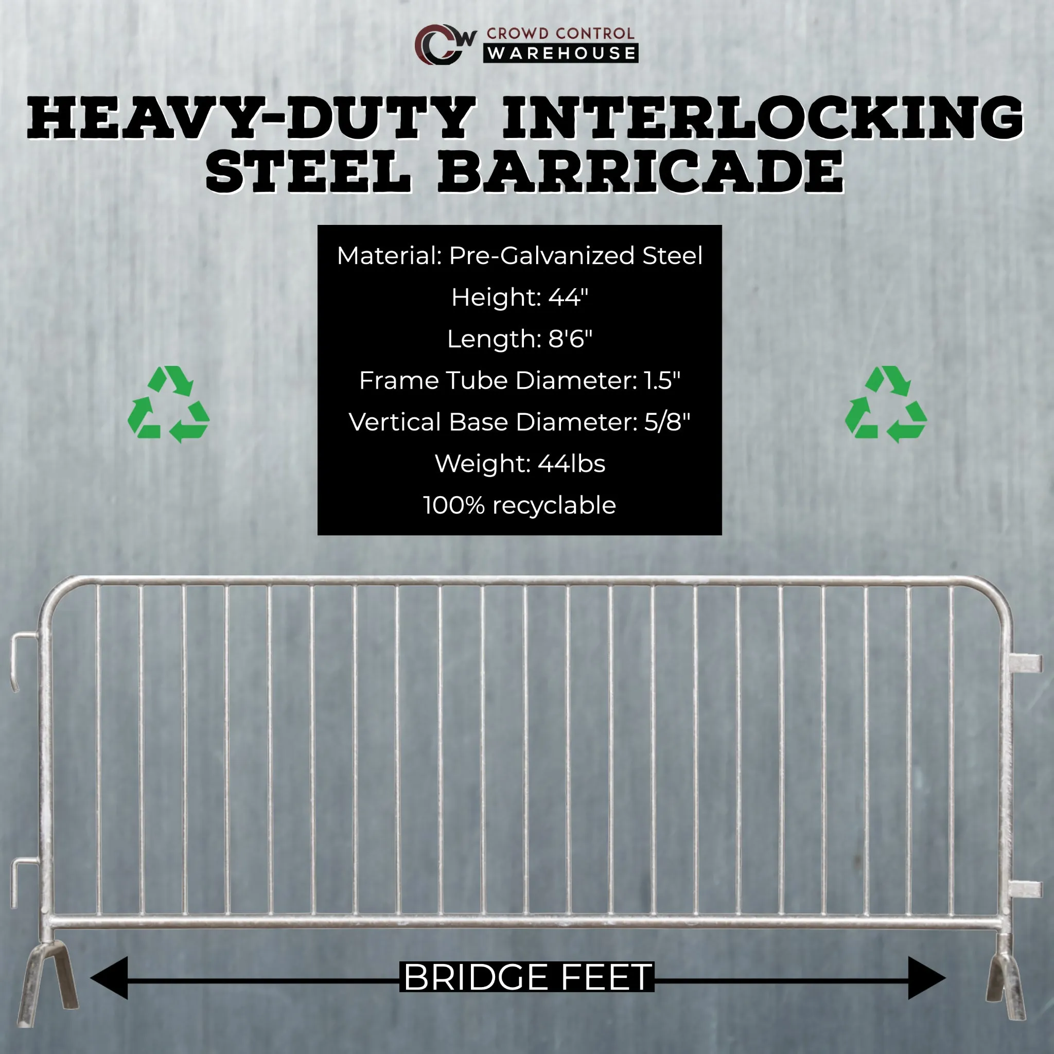 Heavy Duty Interlocking Steel Barricade, Gray, 8.5 Ft. - Angry Bull Barricades