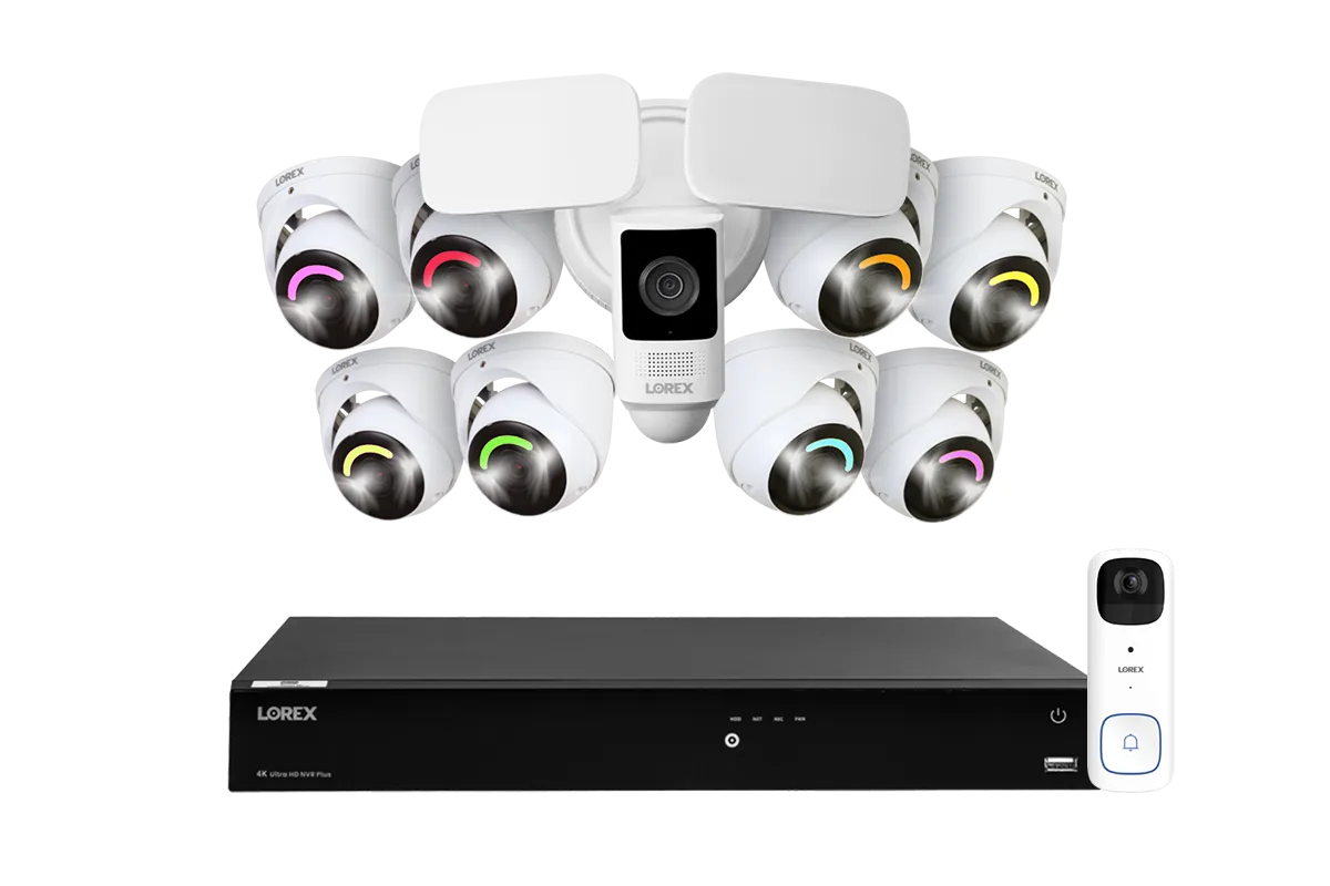 Lorex Fusion Series 4K 16 Camera Capable (Wired of Fusion Wi-Fi) 4TB Wired NVR System with Eight H16 IP Dome Cameras, One 2K Battery-Operated Doorbell, and One 2K Outdoor Floodlight