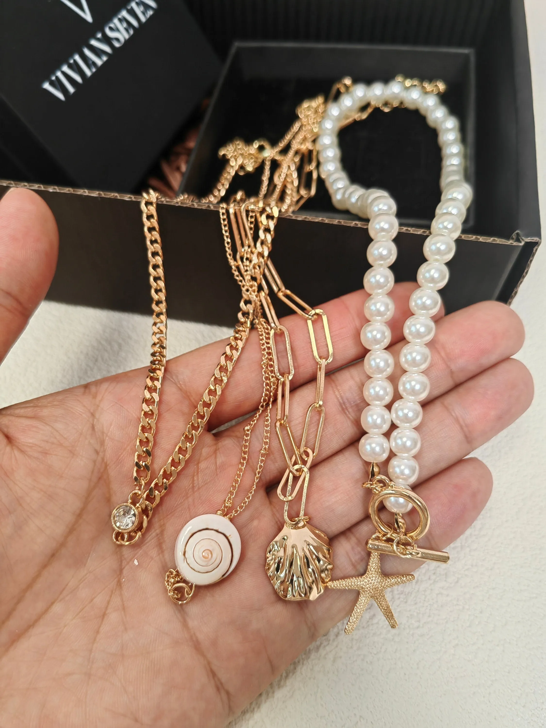 Multistrand Imitation Pearl Beaded Starfish Shell Conch Rhinestone Pendant Chain Layered Set of 4 Necklaces