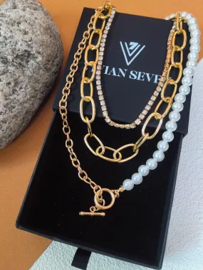 Multistrand Layered Chain Imitation Pearl Rhinestone Necklace Set