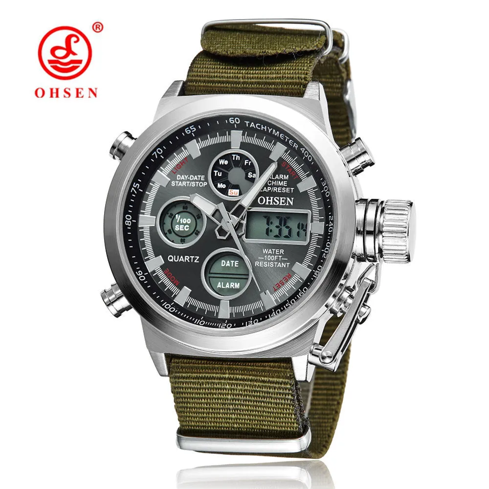 New OHSEN Men Watch Dual Time Zone Alarm LCD Sport Watch Mens Quartz Wristwatch Silicone Waterproof Dive Sports Digital Watches