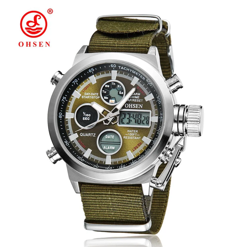 New OHSEN Men Watch Dual Time Zone Alarm LCD Sport Watch Mens Quartz Wristwatch Silicone Waterproof Dive Sports Digital Watches