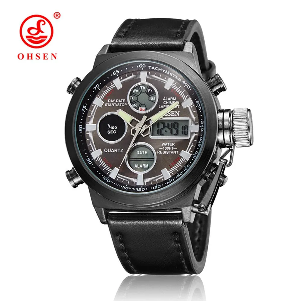 New OHSEN Men Watch Dual Time Zone Alarm LCD Sport Watch Mens Quartz Wristwatch Silicone Waterproof Dive Sports Digital Watches