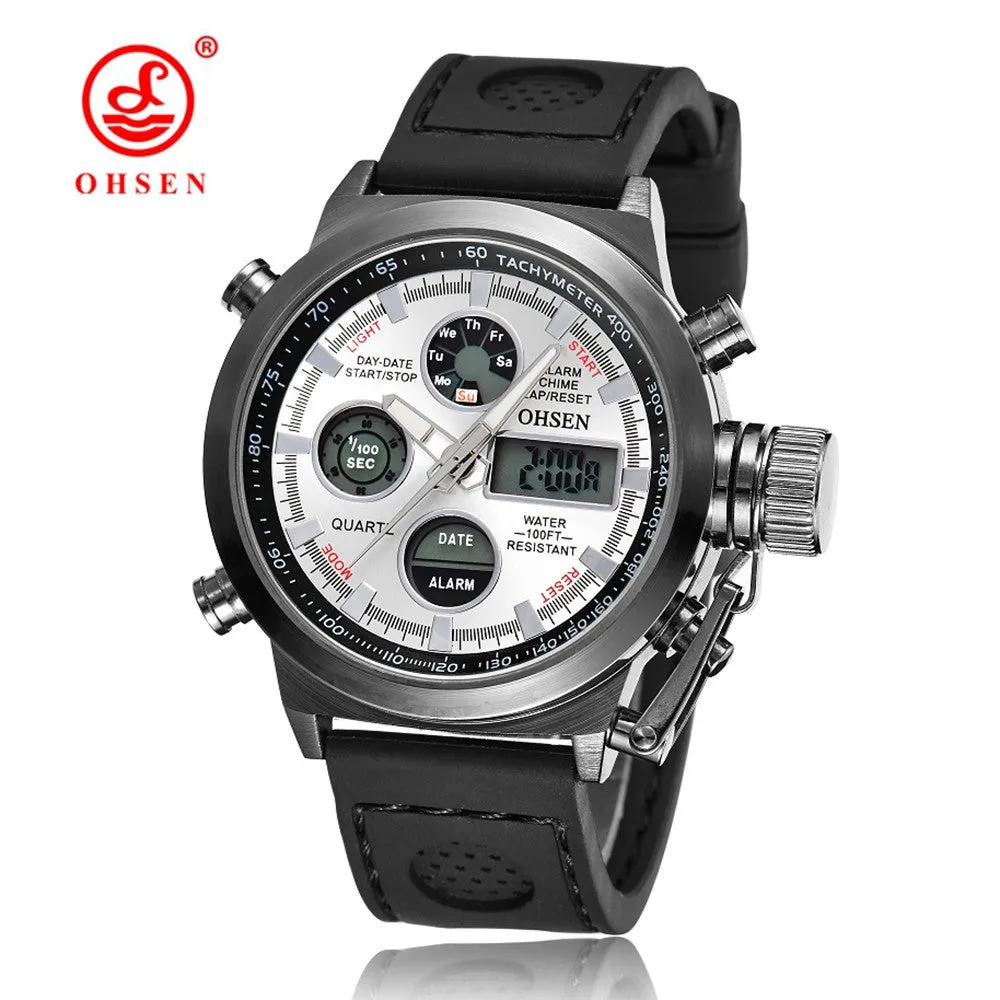 New OHSEN Men Watch Dual Time Zone Alarm LCD Sport Watch Mens Quartz Wristwatch Silicone Waterproof Dive Sports Digital Watches