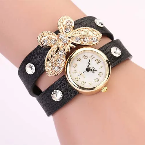 New women vintage leather strap watches,set auger butterfly rivet bracelet women dress watch,women wristwatch