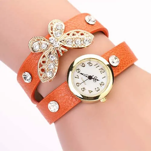 New women vintage leather strap watches,set auger butterfly rivet bracelet women dress watch,women wristwatch