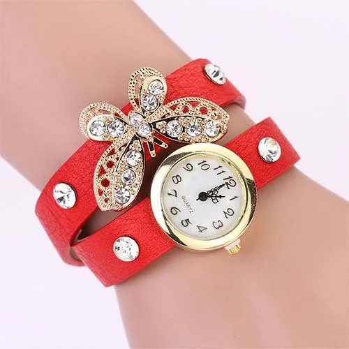 New women vintage leather strap watches,set auger butterfly rivet bracelet women dress watch,women wristwatch