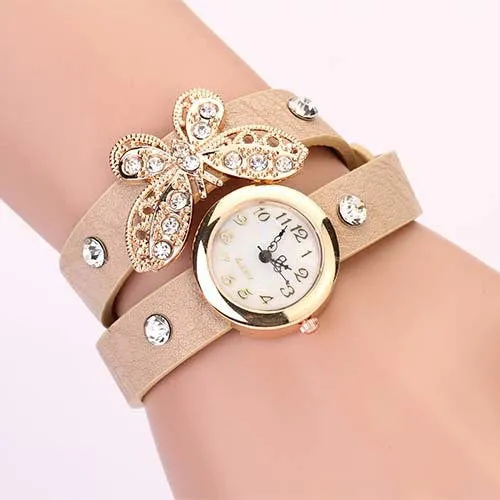 New women vintage leather strap watches,set auger butterfly rivet bracelet women dress watch,women wristwatch