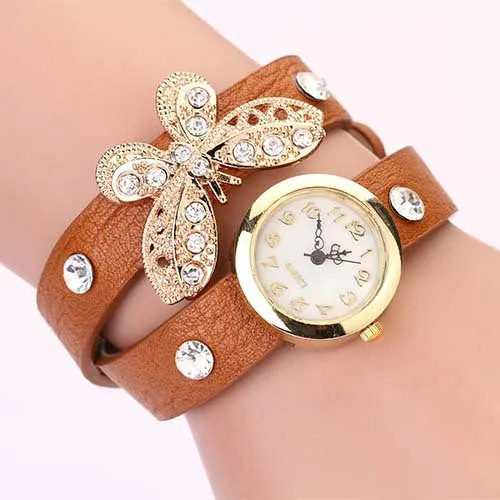 New women vintage leather strap watches,set auger butterfly rivet bracelet women dress watch,women wristwatch