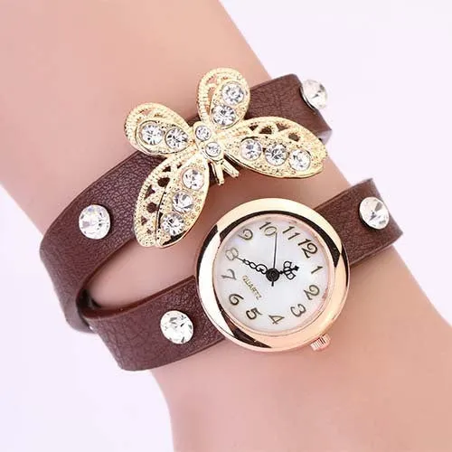 New women vintage leather strap watches,set auger butterfly rivet bracelet women dress watch,women wristwatch