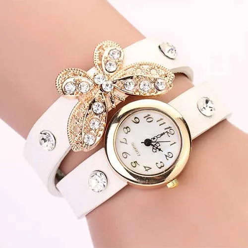 New women vintage leather strap watches,set auger butterfly rivet bracelet women dress watch,women wristwatch