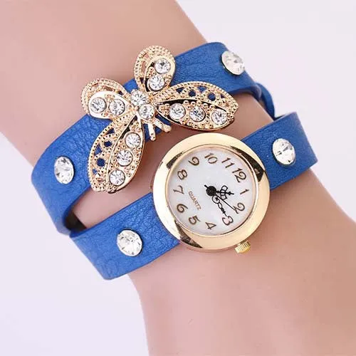 New women vintage leather strap watches,set auger butterfly rivet bracelet women dress watch,women wristwatch