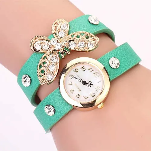 New women vintage leather strap watches,set auger butterfly rivet bracelet women dress watch,women wristwatch