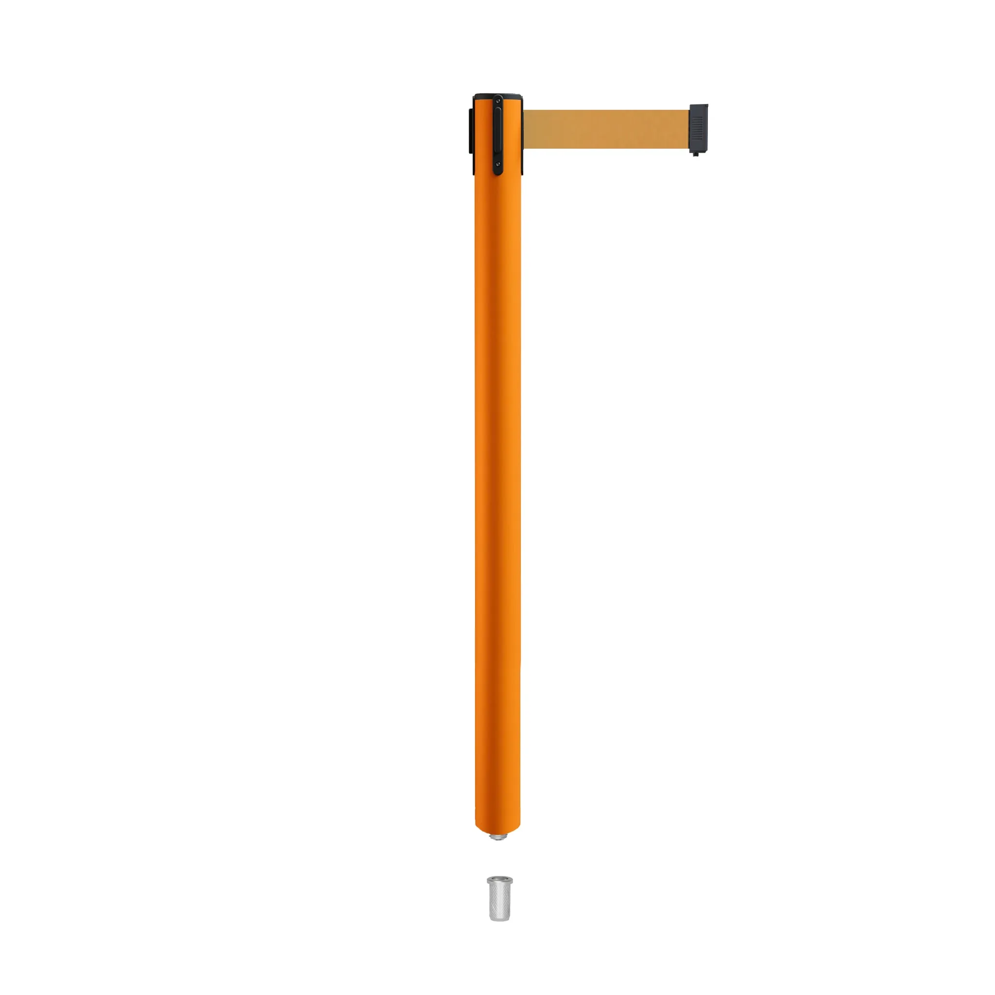 Retractable Belt Barrier Stanchion, Mini Socket Base, Orange Post, 7.5 ft Belt - Montour Line MSX630SK