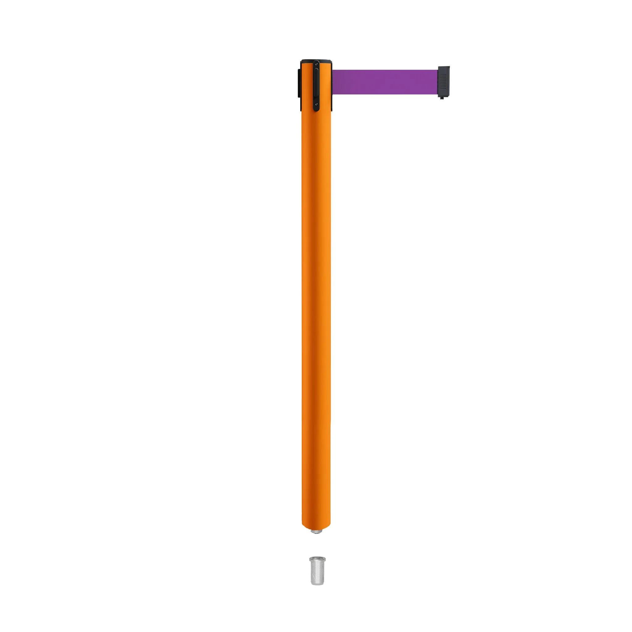 Retractable Belt Barrier Stanchion, Mini Socket Base, Orange Post, 7.5 ft Belt - Montour Line MSX630SK