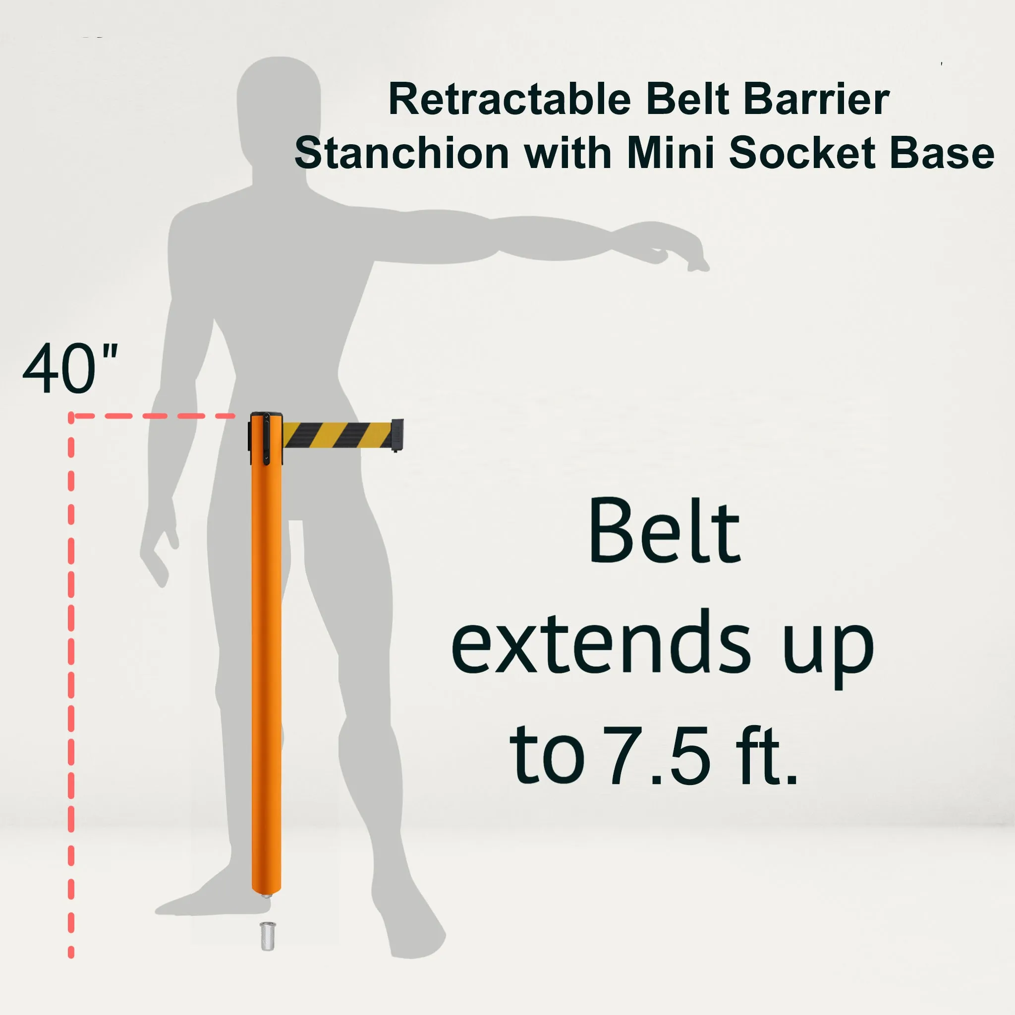 Retractable Belt Barrier Stanchion, Mini Socket Base, Orange Post, 7.5 ft Belt - Montour Line MSX630SK