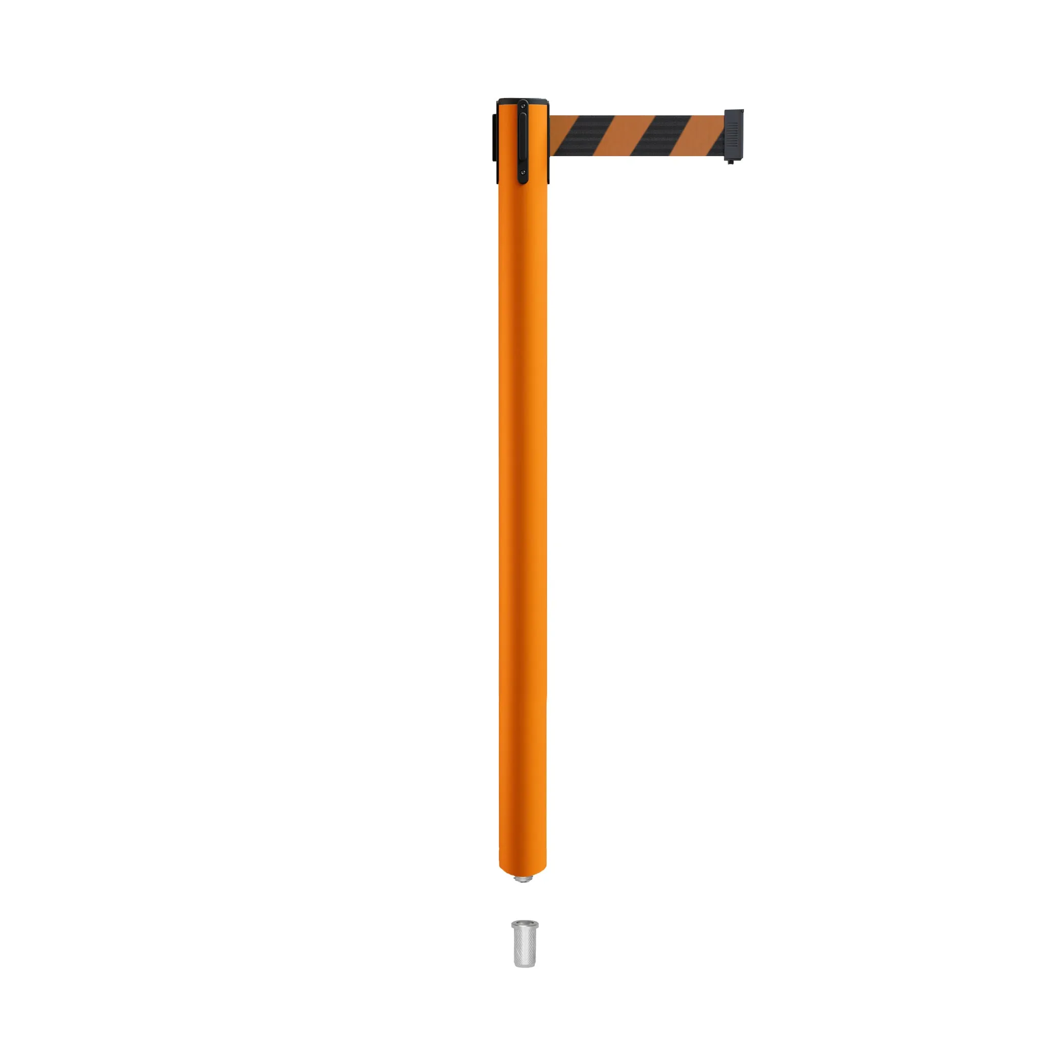 Retractable Belt Barrier Stanchion, Mini Socket Base, Orange Post, 7.5 ft Belt - Montour Line MSX630SK