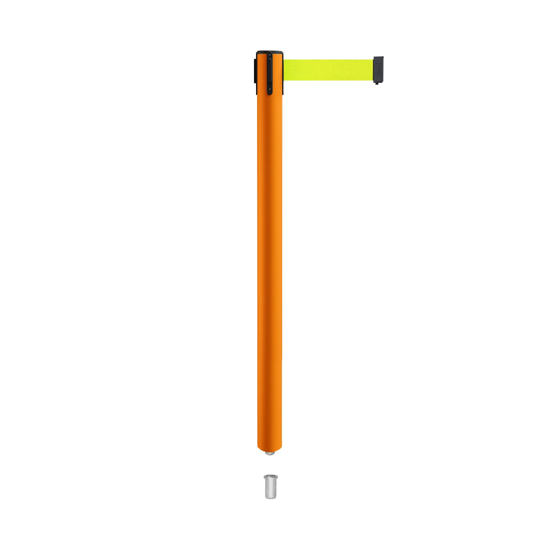 Retractable Belt Barrier Stanchion, Mini Socket Base, Orange Post, 7.5 ft Belt - Montour Line MSX630SK