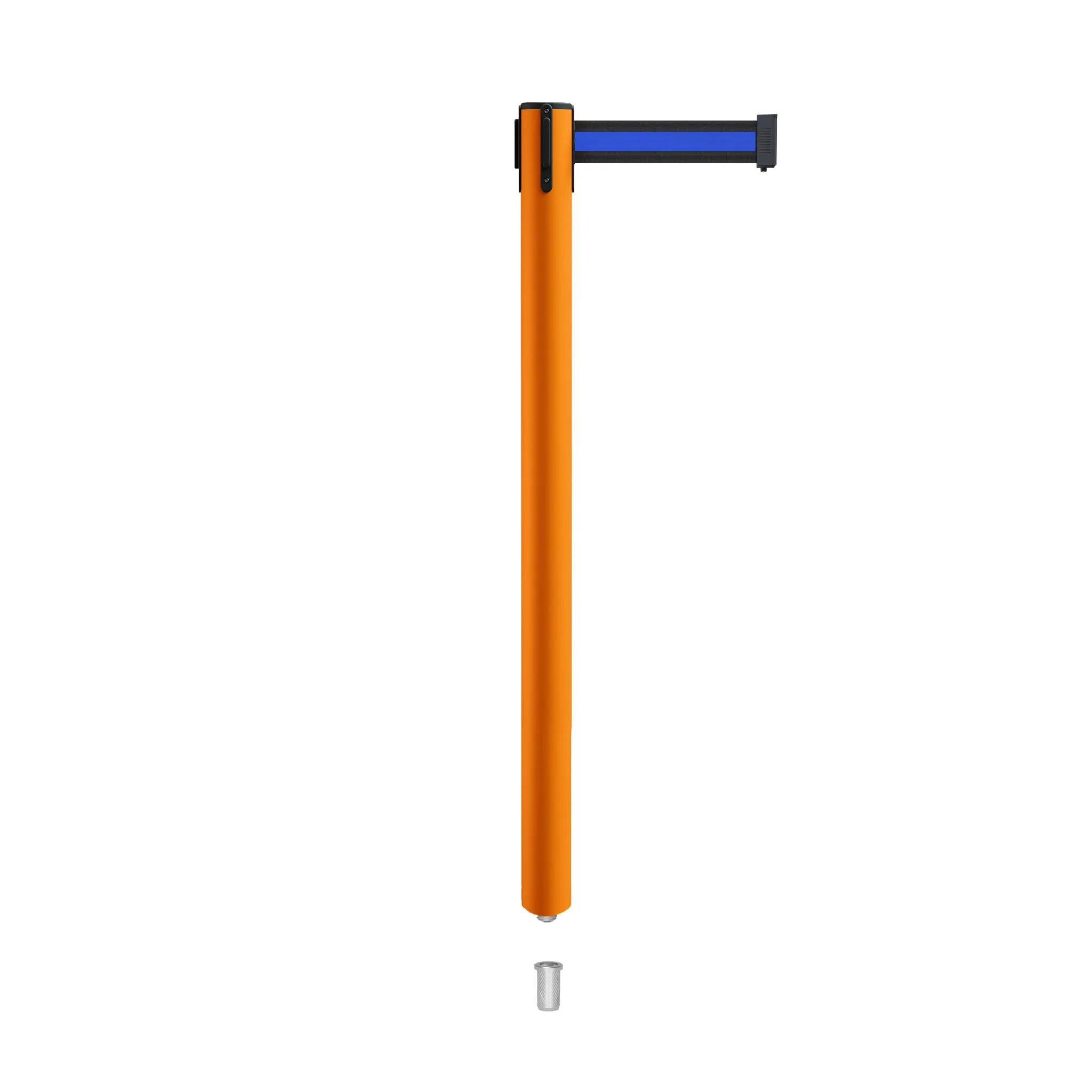 Retractable Belt Barrier Stanchion, Mini Socket Base, Orange Post, 7.5 ft Belt - Montour Line MSX630SK