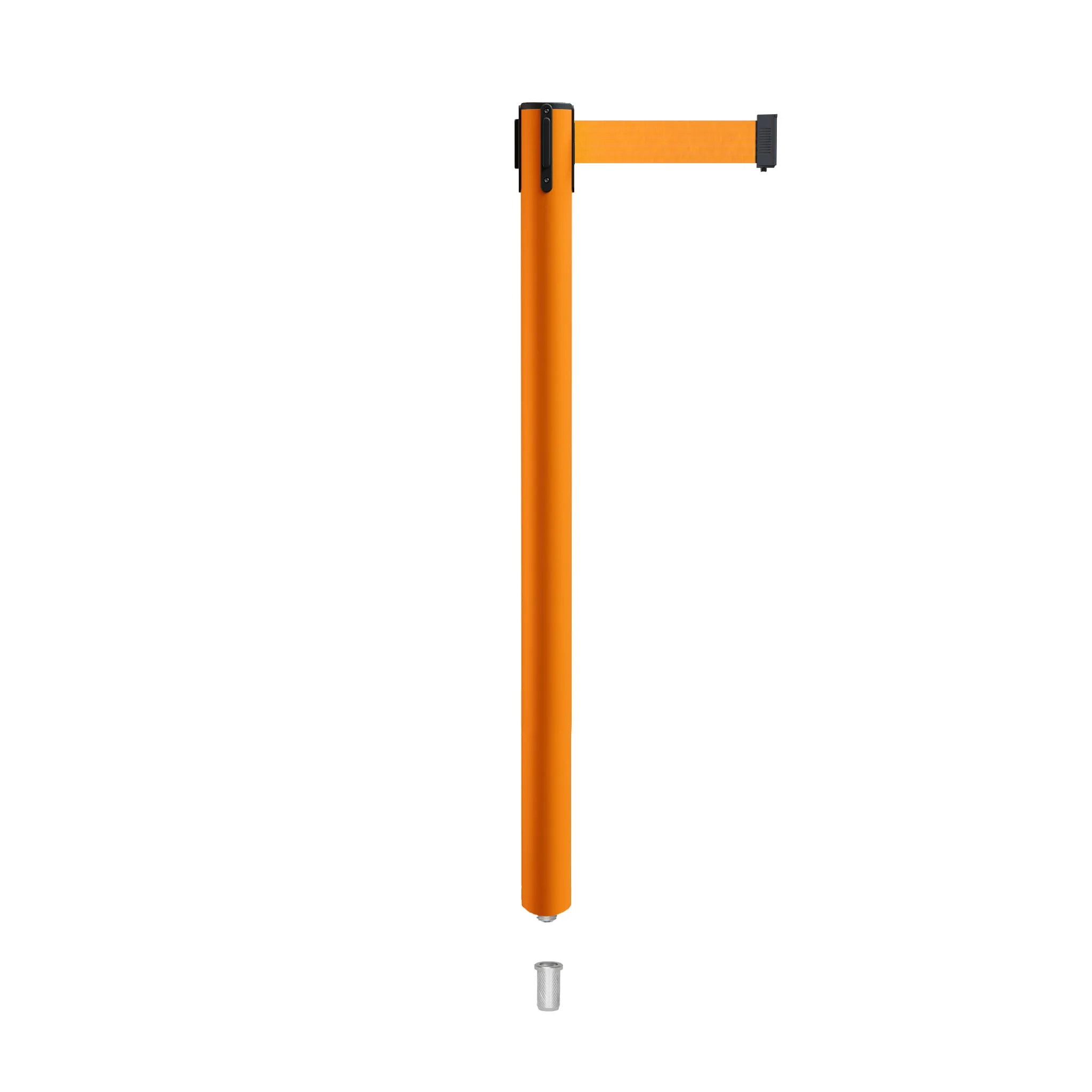 Retractable Belt Barrier Stanchion, Mini Socket Base, Orange Post, 7.5 ft Belt - Montour Line MSX630SK