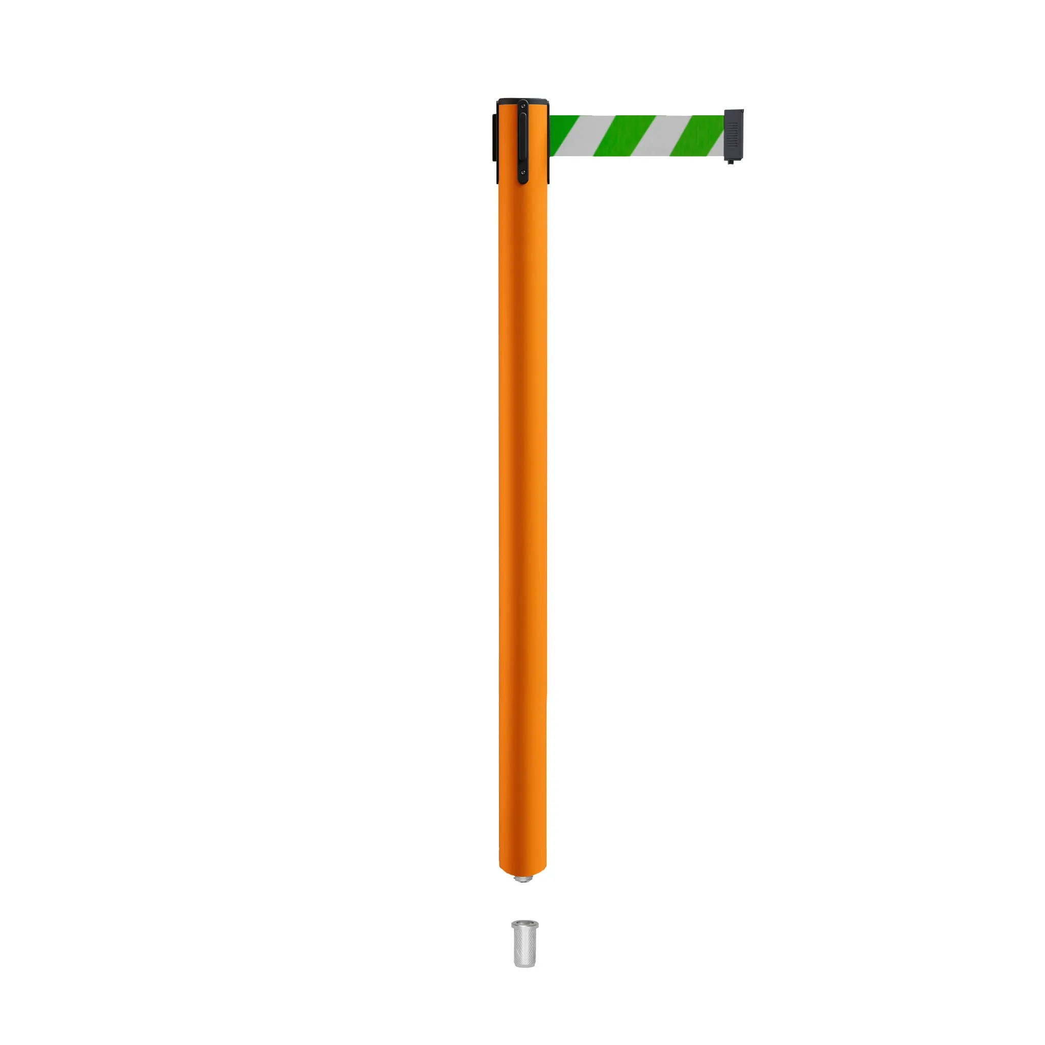 Retractable Belt Barrier Stanchion, Mini Socket Base, Orange Post, 7.5 ft Belt - Montour Line MSX630SK