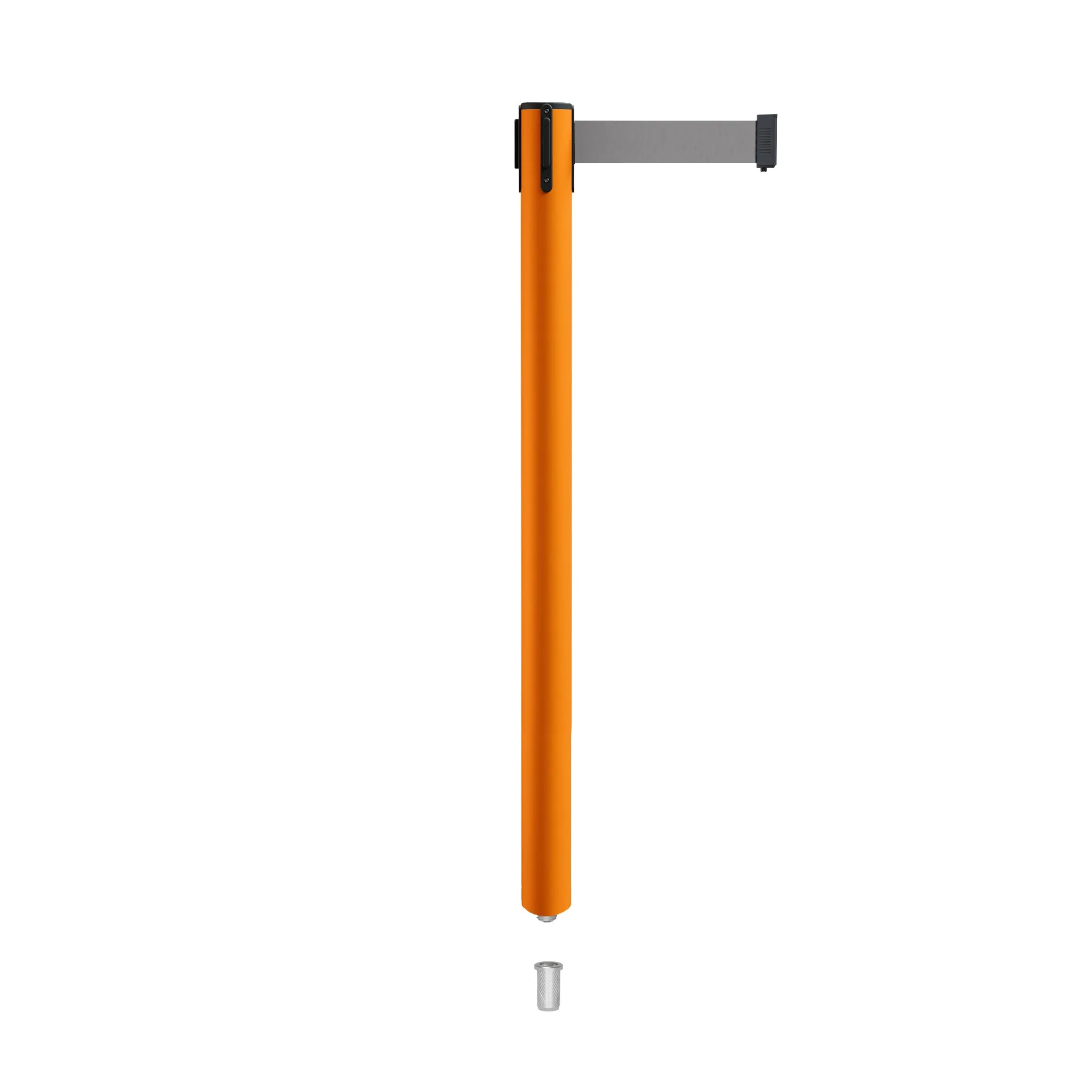 Retractable Belt Barrier Stanchion, Mini Socket Base, Orange Post, 7.5 ft Belt - Montour Line MSX630SK