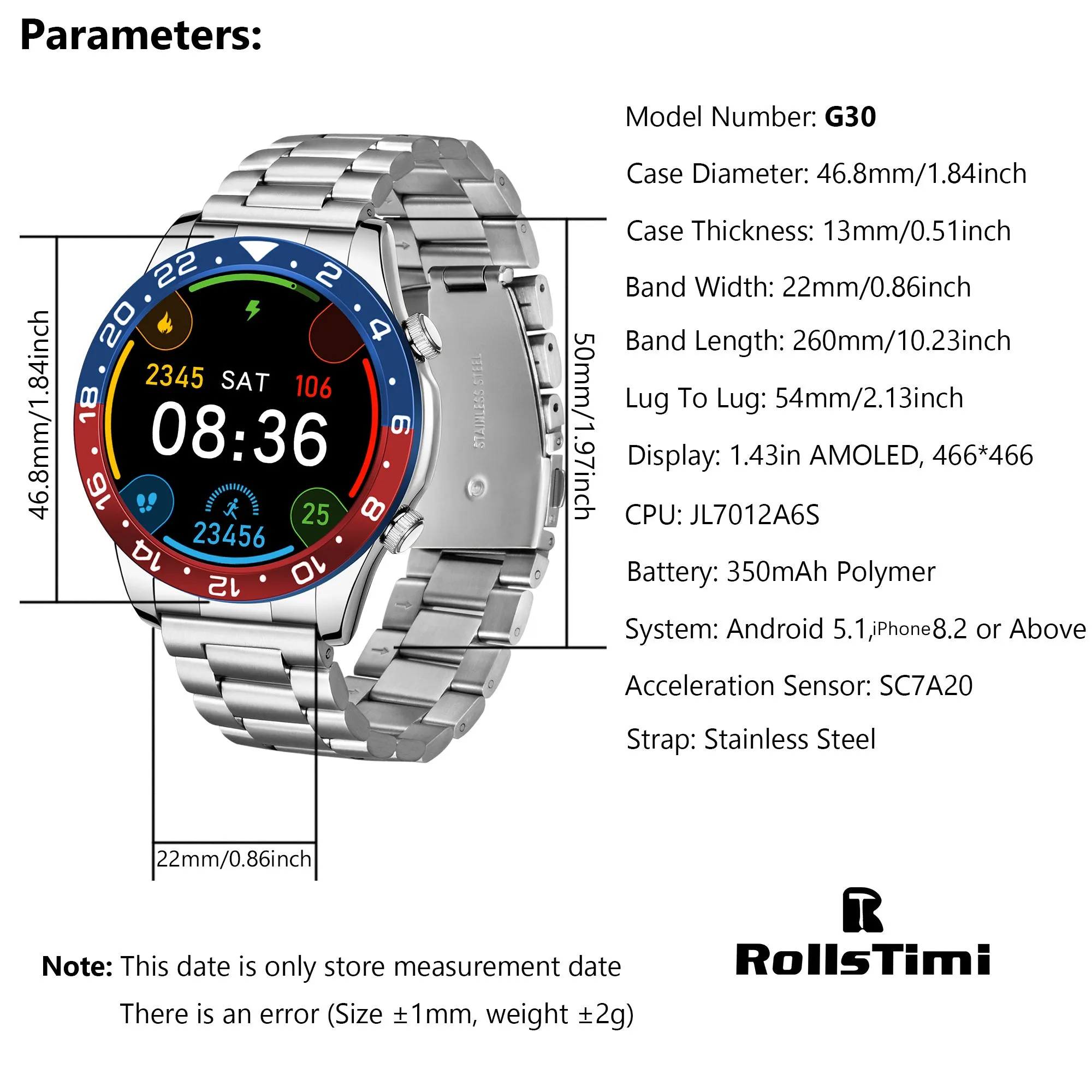 RollsTimi G30 Mens Smartwatch 1.43" AMOLED Screen Fitness Tracker Classic Smartwatches for Men Health Monitor Waterproof Smart Watches, Support AOD, compatible with Android iPhone