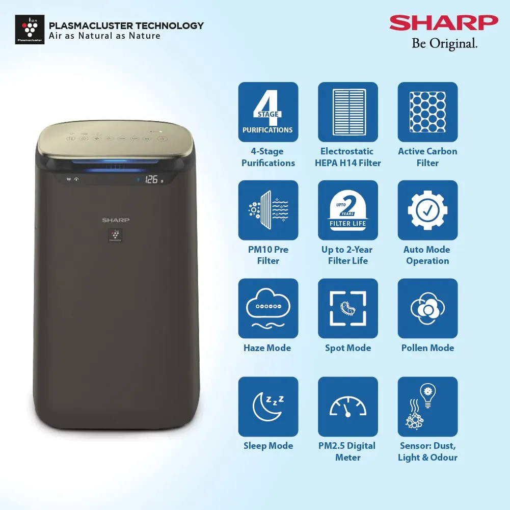 SHARP FX-J80M-H with Plasmacluster  I WiFi I HEPA H14 & Carbon & Pre Filter| I Traps 99.97% Pollutants I 680 Sq. Ft. (680 Wi Fi)