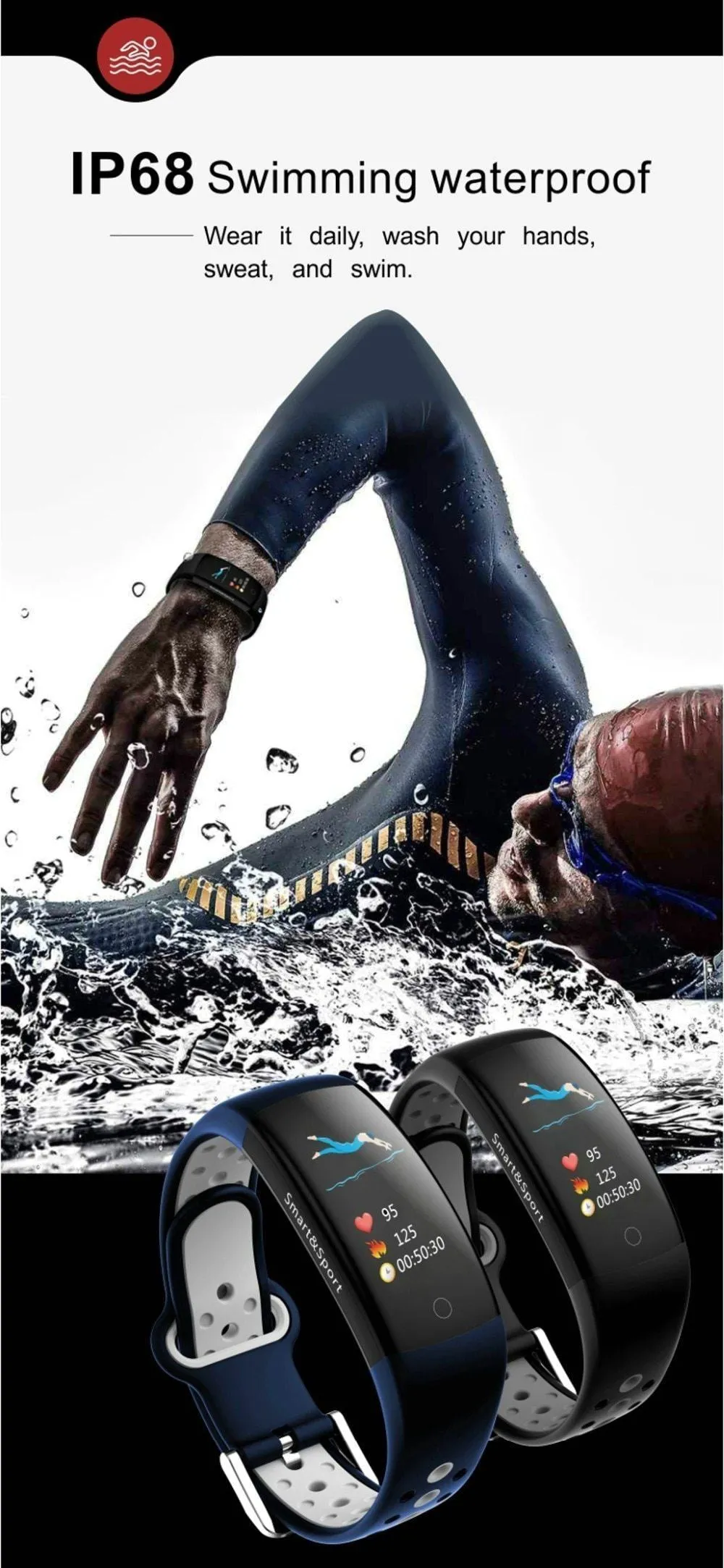 Smartwatch Fitness Bracelet IP68 Waterproof Dynamic Heart Rate Blood Pressure Monitoring Tracker For iPhones Android