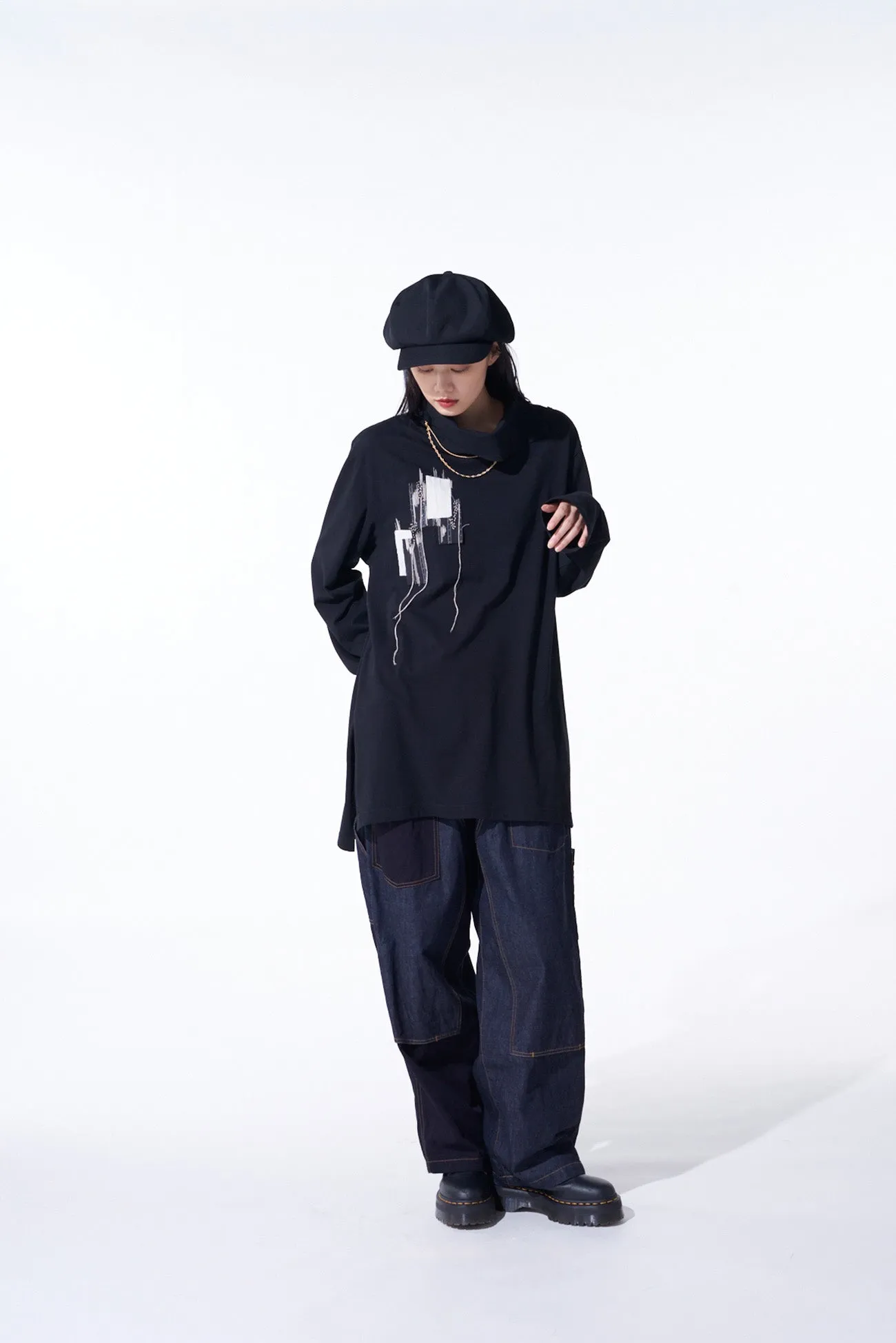 SOFT JERSEY "BORO"APPLIQUE HIGH NECK LONG-SLEEVED T-SHIRT