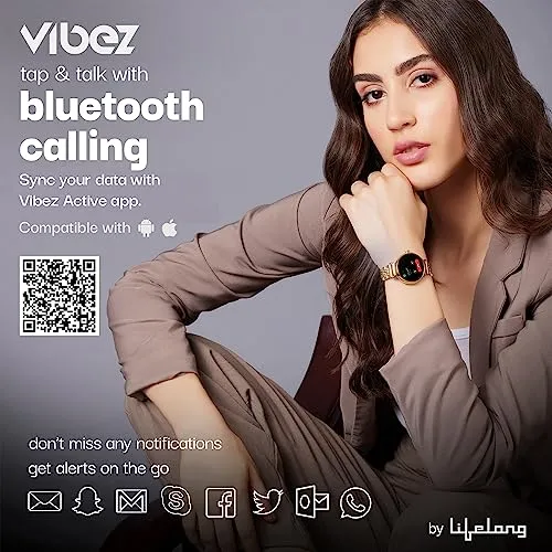 Vibez by Lifelong Ruby 1.04" AMOLED Smartwatch for Women with Metal Strap, Bluetooth Calling, 60 Hz Always on Display, Voice Assistance, Female Cycle Tracker, IP68, Health Monitor(Gold, VBSW2214)