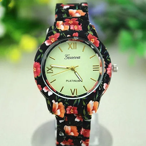 Women's Geneva Floral Print Ceramic Style Analog Quartz Wrist Watch