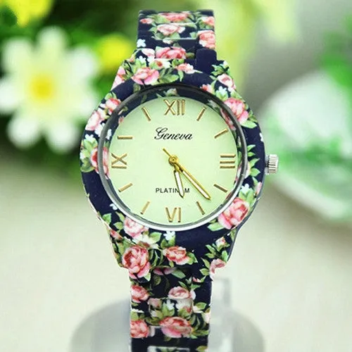 Women's Geneva Floral Print Ceramic Style Analog Quartz Wrist Watch