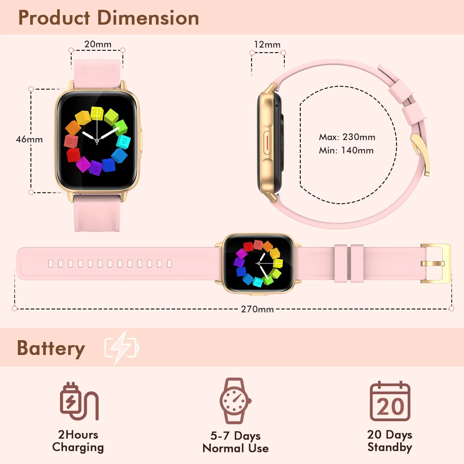 ZKCREATION Smart Watch FW02 Receive/Dial Calls Smart Watch for Android/Iphone Smart Watches for Women,Pink